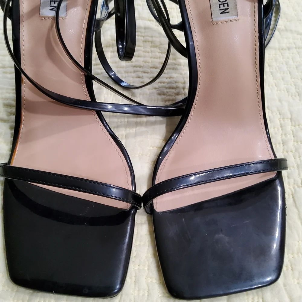 Steve Madden Uplift Vegan Patent Leather Elegant Black Strappy Heels Size 9